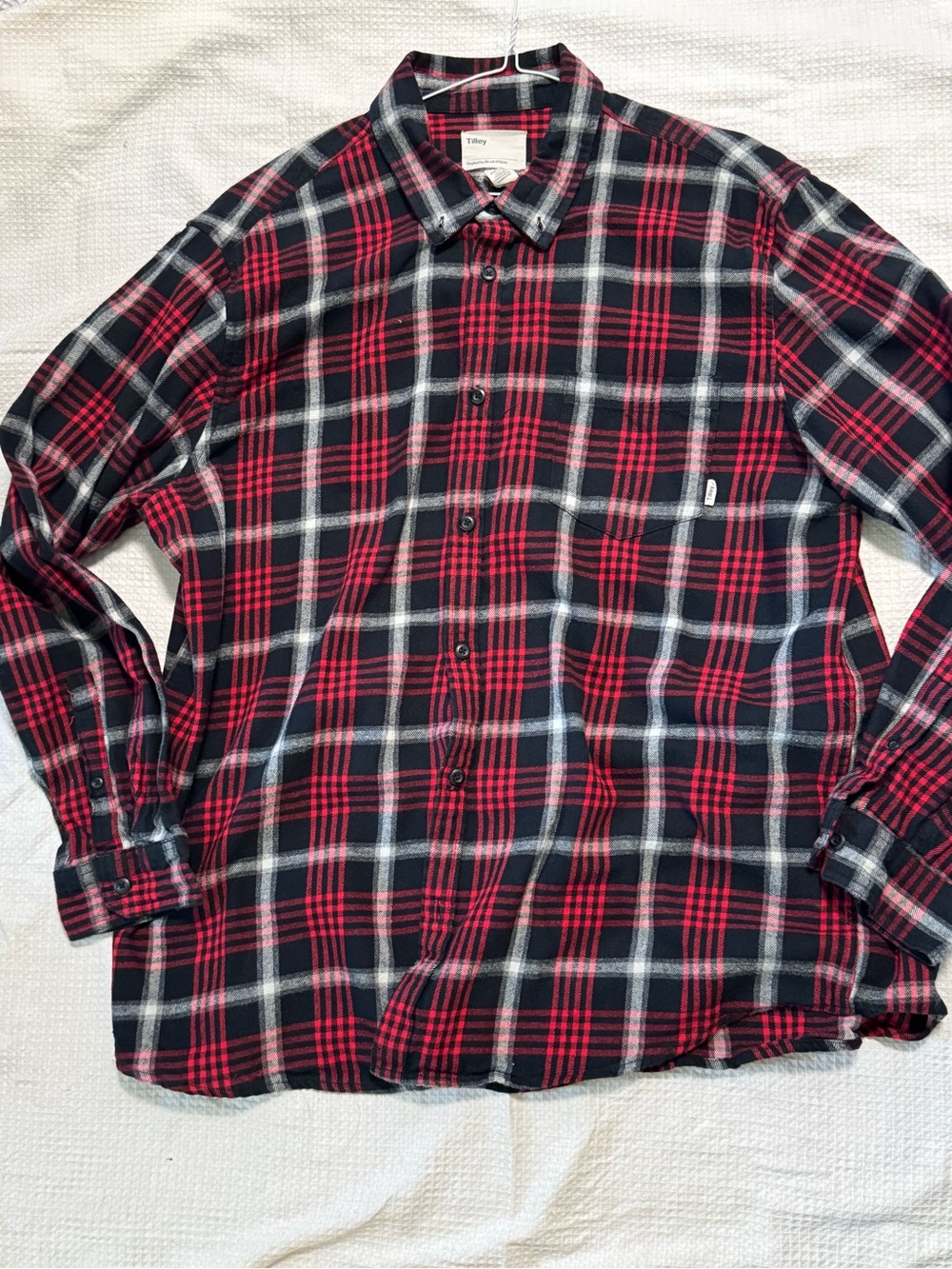 Vintage Tilly's Men’s Red and Black Plaid Button-Up Shirt